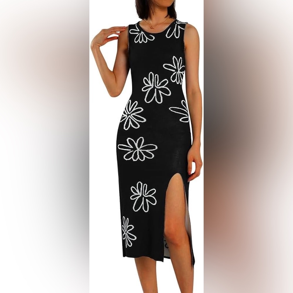 NUFIWI Black Floral Open Back Bodycon Midi Dress